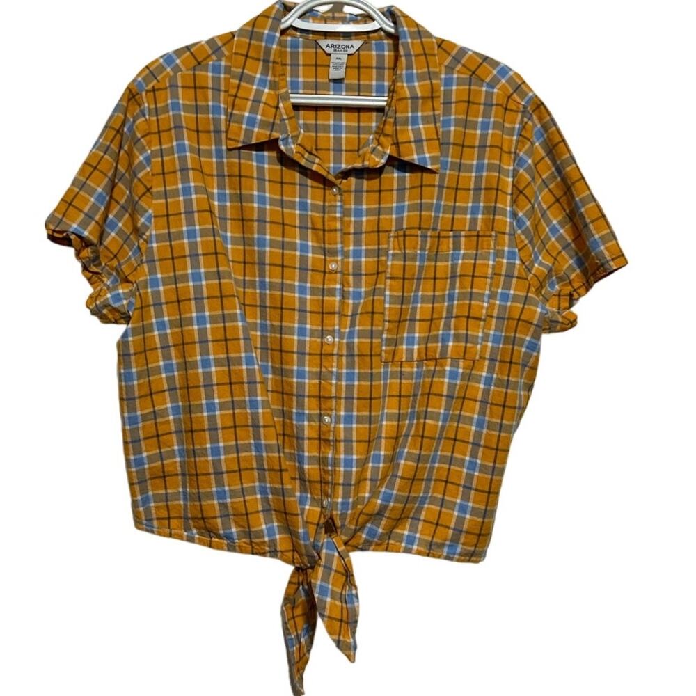 Arizona Jean Co Yellow Blue Plaid Short Sleeve Button Front‎ Blouse Size XXL